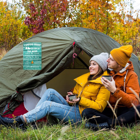 Moxweyeni 2 Pcs Camping Decor for Camper Camping Rule Sign Rustic Funny Camping Rules Metal Tin Sign Camper Decorations for Inside Outside Wall Ar...