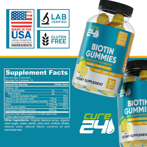 Biotin Gummies with Vitamin C, E, Collagen, and Zinc, biotin gummies for hair growth, Nail, Skin, Support, Made in USA...
