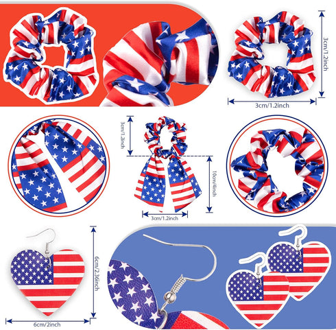 Whaline 15pcs 4th of July Accessories Kit Patriotic American Flag Headband Hair Band Hair Scrunchies Earrings Temporary Tattoos Independence Day G...