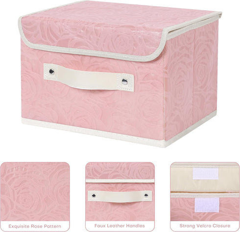 ANMINY Fabric Storage Bin with Lid Rose Print Storage Box Basket with PU Leather Handles Washable PP Plastic Board Decorative Foldable Lidded Shel...