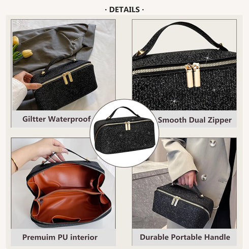 CCidea Cosmetic Bag, Gifts for Women, Lay Flat Makeup Bag Organizer Waterproof Leather Makeup Pouch Cosmetic Travel Cases Toiletry Bags Sparkling ...