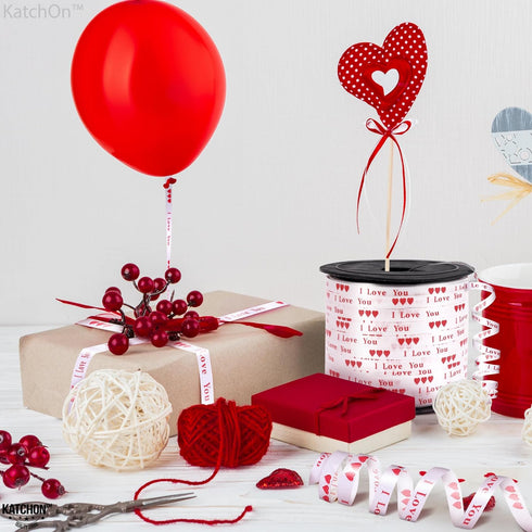 KatchOn, Red Valentines Day Ribbon -100 Yards | Red I Love You Ribbon for Valentines Day Decorations | Red Heart Ribbon for Crafts, Valentines Rib...