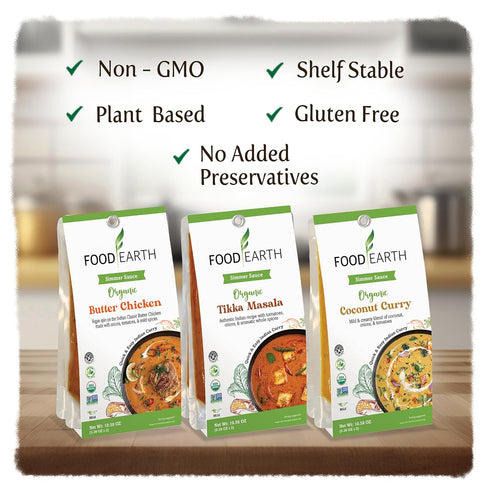 Food Earth Indian Simmer Sauces - Butter Chicken, Coconut Curry, Tikka Masala - Prepackaged, Microwavable, Easy to Store, Organic, Vegan, Gluten &...
