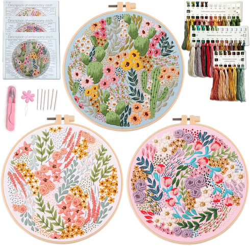 Myfelicity Embroidery kit for adults, Embroidery Material Set with Cute Flowers and Plants Patterns. 3 Embroidery Clothes and Colors Threads. 1 Ho...