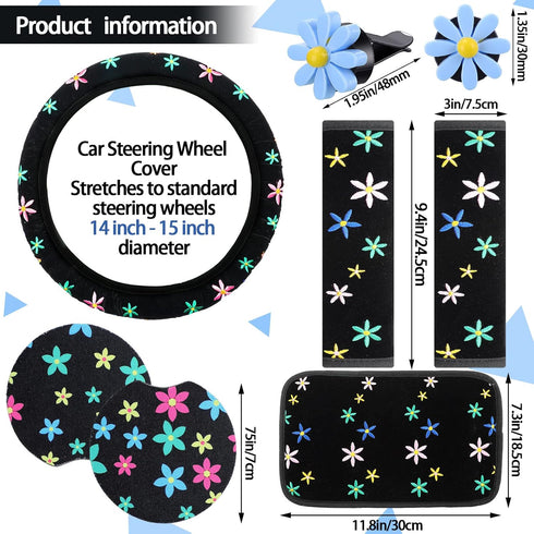 10 Pcs Embroidery Cute Flower Car Accessories Set Floral Steering Wheel Cover Car Air Vent Clips Center Console Armrest Cushion Car Cup Mats Seat ...
