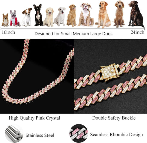 Gold Dog Chain Collar Diamond Cuban Collar Walking Metal Chain Collar with Design Secure Buckle Dog Collars for Medium Large Dogs (18inch, Pink-Go...