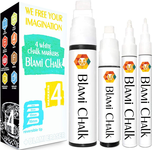 Drawing White Chalk Markers 4 Pack - Reversible Fine and Jumbo Tips 16mm - 10mm - 6mm - 3mm - Chalkboard Pens for Bistro Glass Windows, Office Sch...