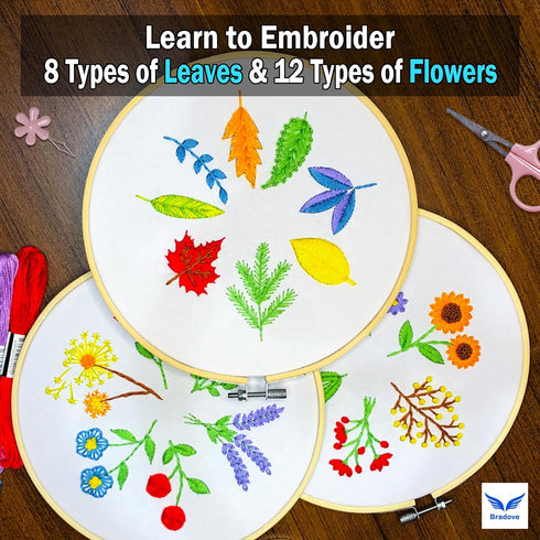 Bradove 3 Sets Leaves and Flowers Embroidery Practice Kit, Embroidery Kit for Beginners Adults, Learn to Embroider Kit Adult Beginner, Embroidery ...
