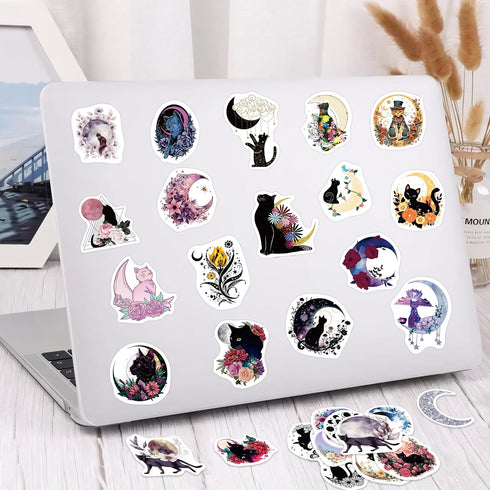 52 Pcs Moon and Cat Stickers Glow in The Dark, Vinyl Black Cats Water Bottle Sticker Pack for Teens, Waterproof Skateboard Laptop Decals for Adult...