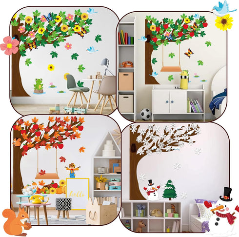 MALLMALL6 198Pcs Classroom Tree Bulletin Board Decor Seasonal Tree Summer Autumn Winter Spring Cutouts Border Set Four Seasons Chalkboard Wall Dec...