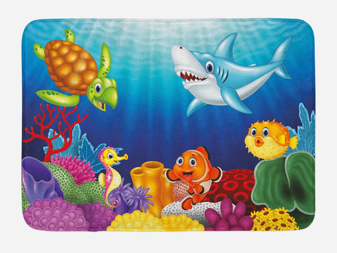 Lunarable Aquarium Bath Mat, Cartoon Tropical Fish and Happy Underwater World Corals Biodiversty Theme, Plush Bathroom Decor Mat with Non Slip Bac...