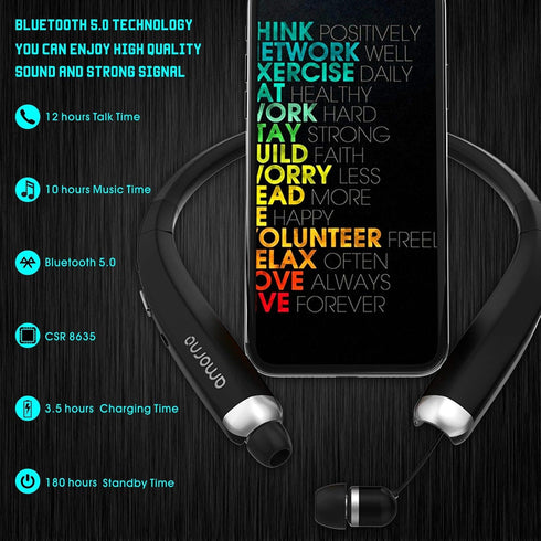 AMORNO Foldable Bluetooth Headphones, Wireless Neckband Sports Headset with Retractable Earbuds, Sweatproof Noise Cancelling Stereo Earphones with...