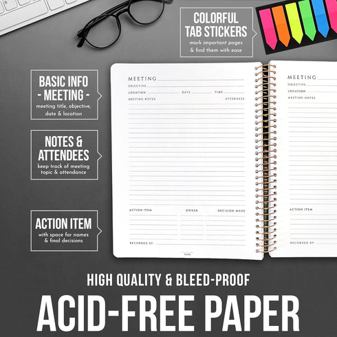 Meeting Notebook with Removable Dividers, Gold Spiral, Hard Cover, Action Items, Back Pocket, 120 Pages...