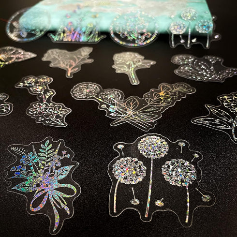 Holographic Glitter Flower Stickers (100 Pieces), Large Transparent Waterproof Stickers, Decorative Plant Stickers for Scrapbooking, Bullet Journa...