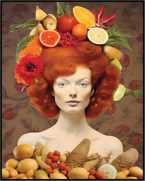 Posterizer 1 pcs-redhead woman with all the fruits collage-Floral & Botanical Art-Abstract & Modern Art-Gift for Art Lovers-Chic Home and Kitchen ...
