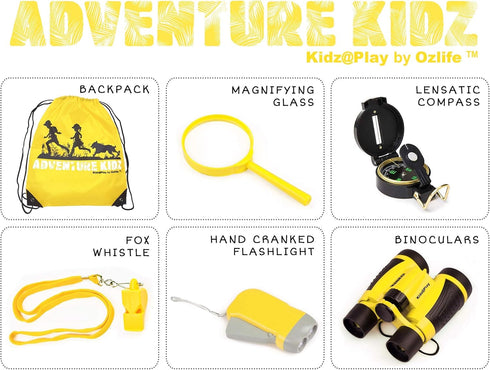 Adventure Kidz Outdoor Exploration Kit, Yellow Backpack, Binoculars, Magnifying Glass, Lensatic Compass, Fox Whistle for Boys and Girls...