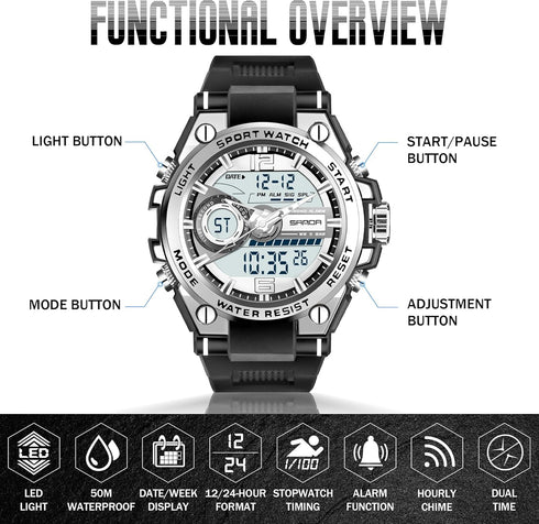 Men's Watches for Men Sports Outdoor Waterproof Military Watch Analog Digital Display Tactics Watch with LED Alarm Stopwatch Hourly Chime Multi-Fu...
