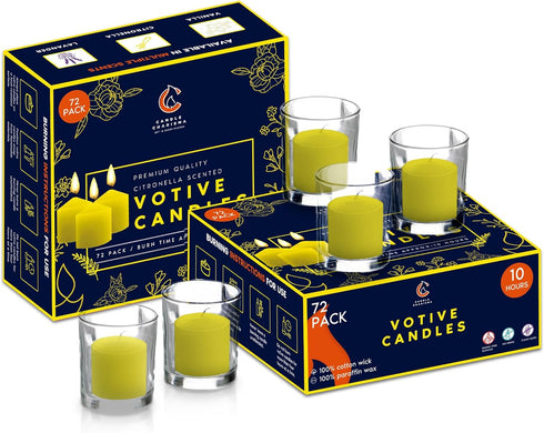Candle Charisma Citronella Scented Votive Candles - 10 Hour Burn time - Set of 72 for Dinner, Wedding, Halloween and Holiday Decorations...