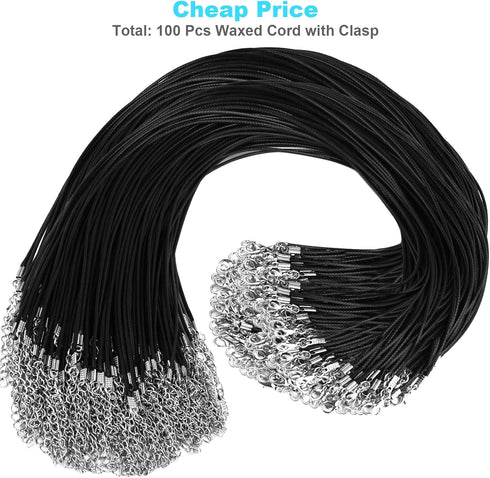 100Pcs Premium Leather Necklace Chains Bracelet Cord with Clasps for Pendants, Bulk Waxed Rope Necklace String, Black , 18" for Jewelry Making Sup...
