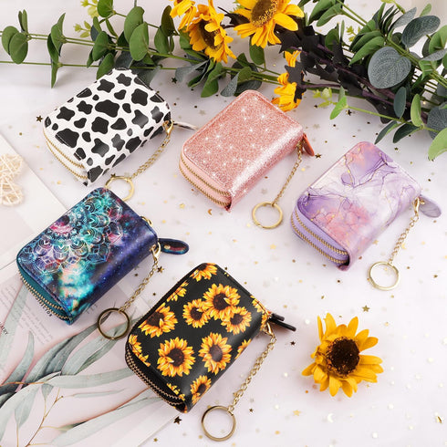 Credit Card Holder Small Double Zipper Card Wallet for Women with Keychain, Cow...