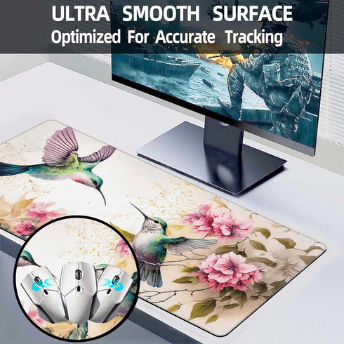 Desk Mat, Pink Flowers and Colibri Birds Extended Large Gaming Mouse Pad for Desk XXL, Non-Slip Rubber Base Stitched Edges Long Computer Keyboard ...
