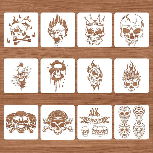 BENECREAT 12PCS Skull Pattern Plastic Drawing Templates, 12x12 Inch Halloween Theme Painting Template Stencil for Scrabooking Card Making, DIY Wal...