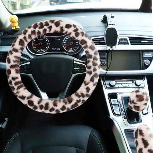 Fuzzy Steering Wheel Cover for Women Girls, Accmor Universal Fit 15 inch Fur Car Wheel Cover & Handbrake Cover & Gear Shift Cover Set, Fashion Leo...