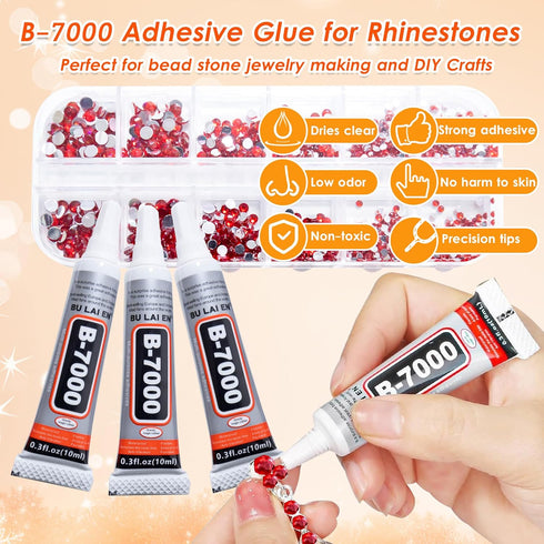 b7000 Glue Clear with red Rhinestones for Crafting,3600Pcs Rhinestones with 3Pcs Adhesive Glue Rhinestone Picker Tool?bedazzler kit with Rhineston...