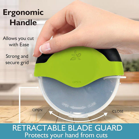 Green Pizza Cutter Wheel with Protective Blade Cover, improved, Super Sharp, Easy To Use and Clean, Slicer, Ergonomic Rubberized Grip, heavy dutty...