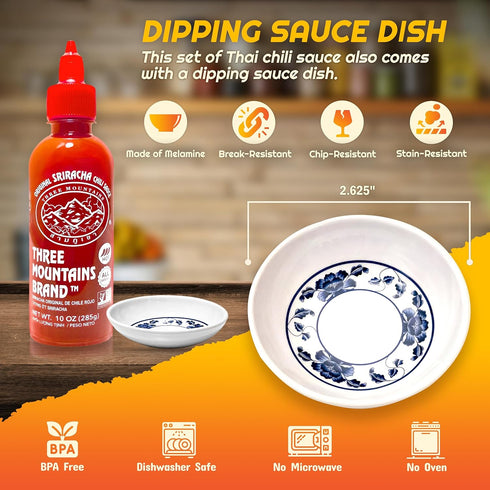 Pack of 3 Original Red Sriracha Chili Sauce with Bonus Dipping Sauce Dish - ALL NATURAL, NON GMO, NO PRESERVATIVES, NO ADDED MSG, NO ARTIFICIAL FL...