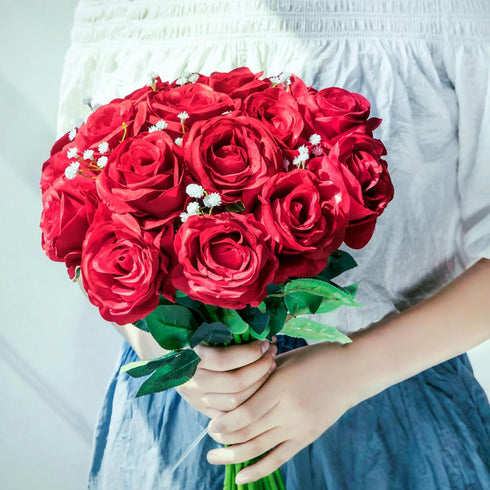 JUSTOYOU 10Pcs Artificial Roses Flowers, Realistic Blossom Roses, Real Touch Silk Rose, Single Fake Flower Long Stem Bouquets for Home Wedding Par...