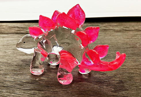 Garden Deco Glow in The Dark Pink Stegosaurus Hand Blown Art Glass Figurine Ornament Sculpture...