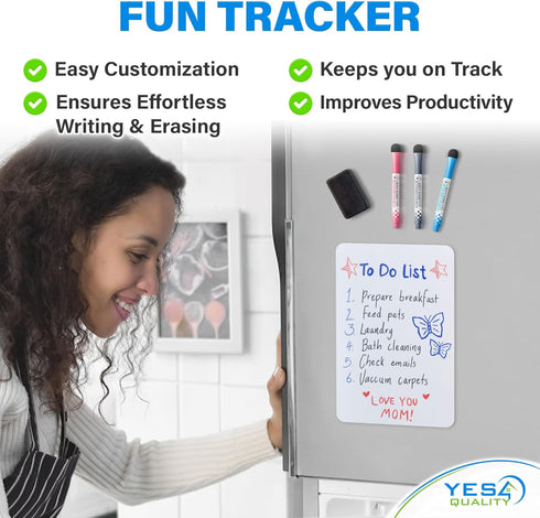 Magnetic Dry Erase White Board Sheet for Fridge 12x8 in, with Stain Resistant Technology, includes 3 Markers and Big Eraser with Magnets, Small Re...