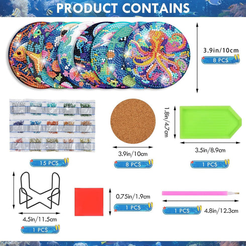 croshom 8 Pcs Ocean Creatures Diamond Art Painting Coasters Kits with Holder Ocean Creature Diamond Art Coaster with Cork Bases for Adults Diamond...
