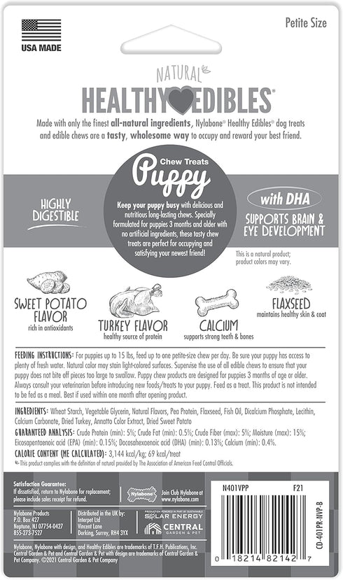 Nylabone Healthy Edibles Natural Puppy Chews Long Lasting Turkey & Sweet Potato Flavor Treats for Dogs, X-Small/Petite (4 Count)...