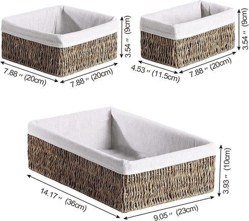 FairyHaus Seagrass Storage Baskets with Liner, Natural Small Seagrass Baskets, Hand-woven Nesting Wicker Baskets Set for Shelves Rectangle 3Pack (...