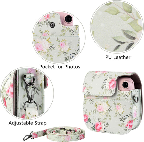 Yoption Instant Camera Case Compatible with Instax Mini 12/11/9/8/8+, PU Leather Camera Bag with Pocket and Adjustable Shoulder Strap (Green Flora...