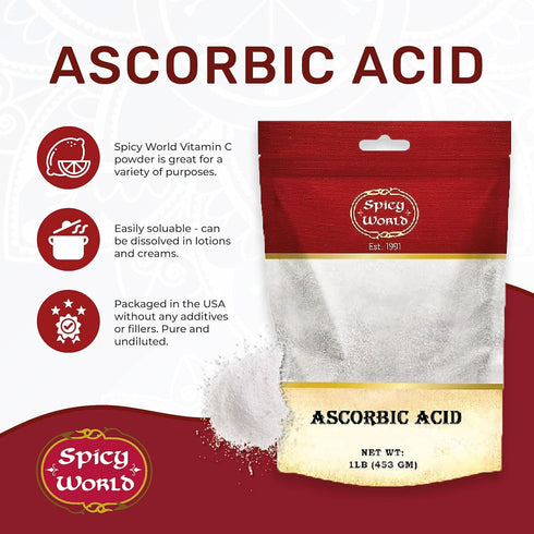 Spicy World Ascorbic Acid Vitamin C Powder 1 LB - Dietary Supplement, Pure VIT C Powder USP...