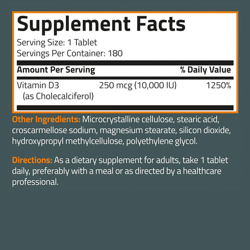 Bronson Vitamin D3 10,000 IU (250 MCG) for Healthy Muscle Function and Immune Support, Non-GMO, 180 Tablets...