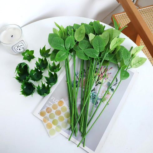 20PCS Floral Wire Stem with Leaves and 20PCS Artificial Flower Calyxes Set, for Floral Rose Arrangement, DIY Craft Bouquet Making, and Florist Sup...