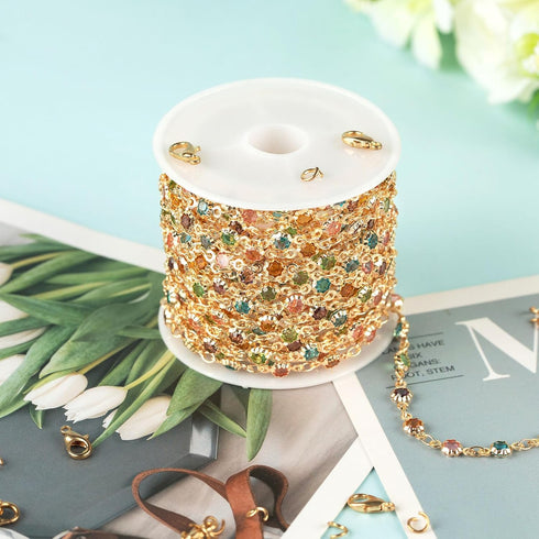 YOUBEIYEE 3 Meters Colorful Rhinestone Jewelry Chain Gold Plated Brass Chain for Jewelry Making Mixed Color Glass Bead Flower Craft Chain Roll...