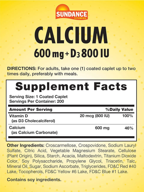 Sundance Calcium with Vitamin D3 | 600mg | 200 Caplets | Vegetarian, Non-GMO, and Gluten Free Supplement...