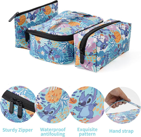 MRSP 3 sets makeup bag+Double Sided Cosmetic Mirror travel small cosmetic case portable with multifunctional waterproof Organizer bag for women St...