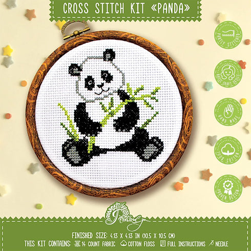 Povitrulya Counted Cross Stitch Kit with Pattern 'Panda' - Easy DIY Set for Hand Embroydery with Paper Pattern, 14 Count Blank Aida Canvas and Pre...