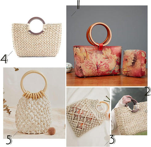PH PandaHall 4pcs Wood Bag Handle, Round Handles Replacement 5.2 Inch Purse Handle Smooth Handbag Handle Decorative Handles for Straws Beach Canva...