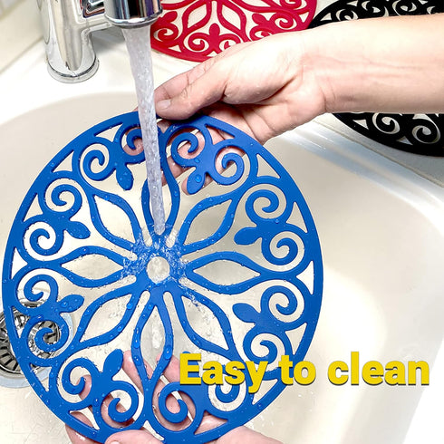 3 Set Silicone Trivet Mats with 1 Extra Large Included | Intricately Carved Insulated Flexible Durable Non Slip Thick Round Premium Trivets for Ho...