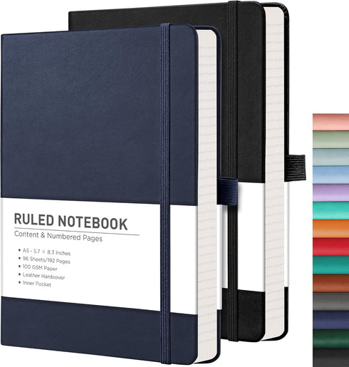 RETTACY Journaling Notebooks 2-Pack - A5 Notebooks College Ruled with 192 Numbered Pages per Pack, for Work, School, 100 GSM Acid-Free Paper, Leat...