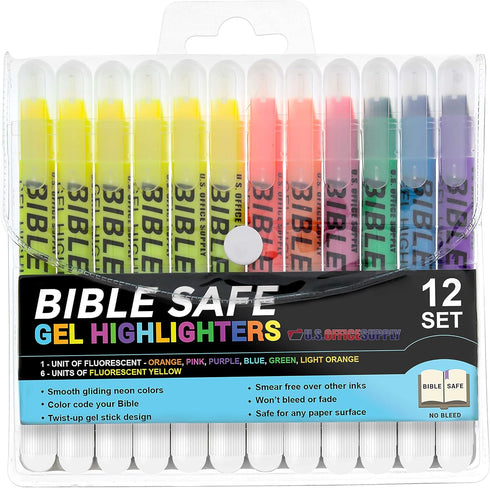 U.S. Office Supply Bible Safe Gel Highlighters, Pack of 12 - Set with 6 Bright Neon Yellow Highlight Colors Plus 6 Colors, Orange, Pink, Purple, G...