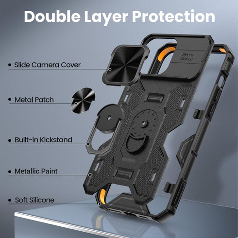 VEGO for iPhone 15 Pro Max Case, iPhone 15 ProMax Kickstand Case with Slide Camera Cover Built-in 360° Rotate Ring Stand Magnetic Shockproof Phone...