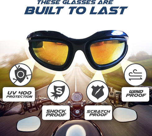 Motorcycle Riding Glasses Kit - 4 Lenses - Polarized, Smoke, Yellow, And Clear. Plus Case, Cleaning Cloth, And Strap Motorcycle Accessories. By Ge...